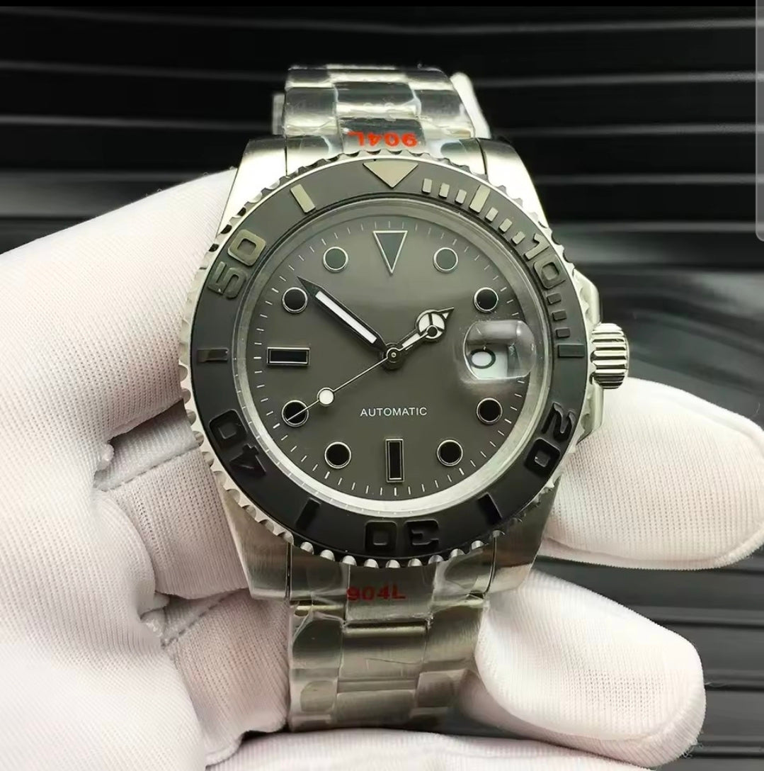 40mm No Logo Automatic Men's Watch - Japanese Movement, Sapphire Crystal, 904L Stainless Steel Bracelet, Ceramic Matte Bezel, Mechanical Calendar Sport Watch