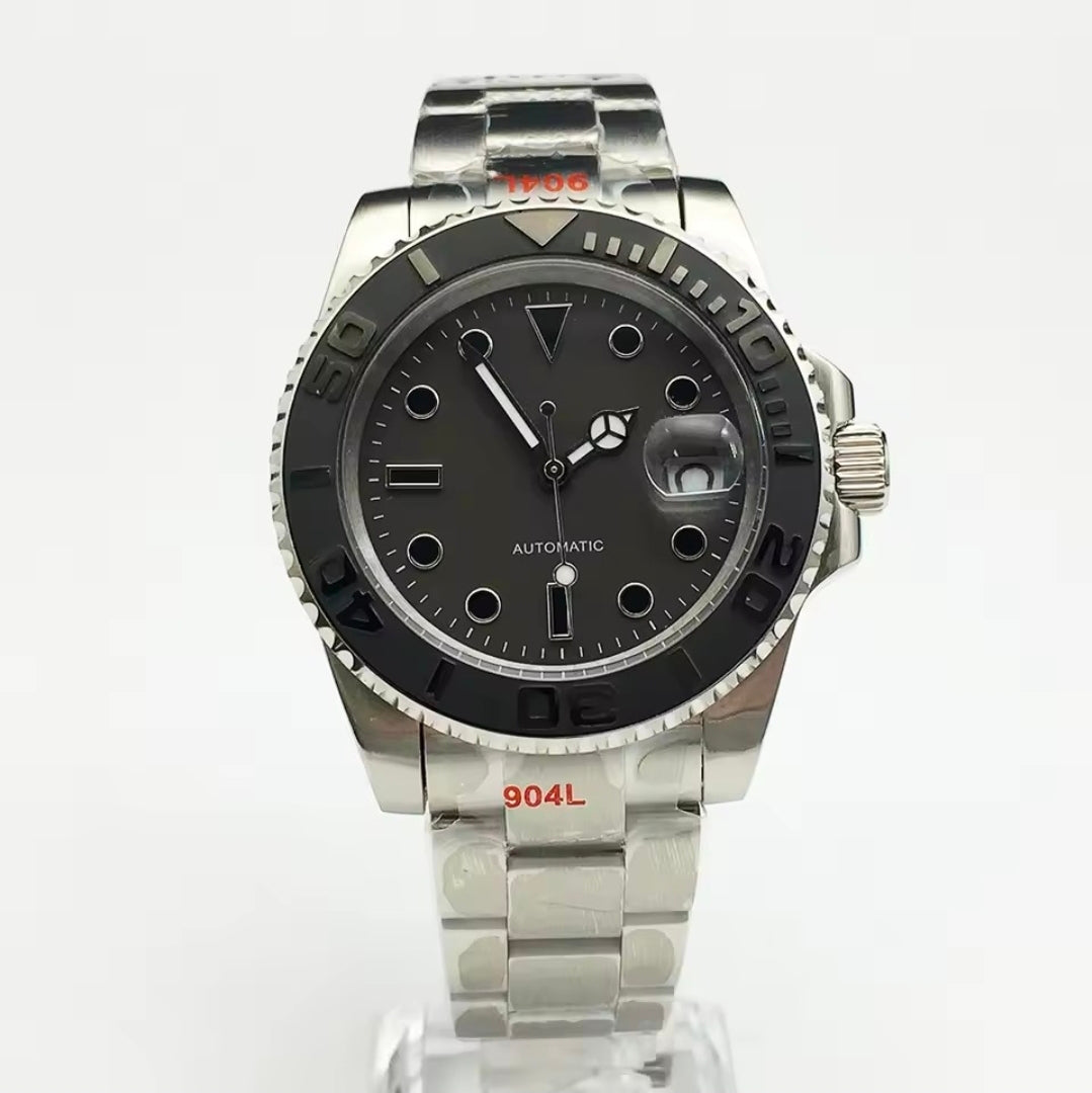 40mm No Logo Automatic Men's Watch - Japanese Movement, Sapphire Crystal, 904L Stainless Steel Bracelet, Ceramic Matte Bezel, Mechanical Calendar Sport Watch
