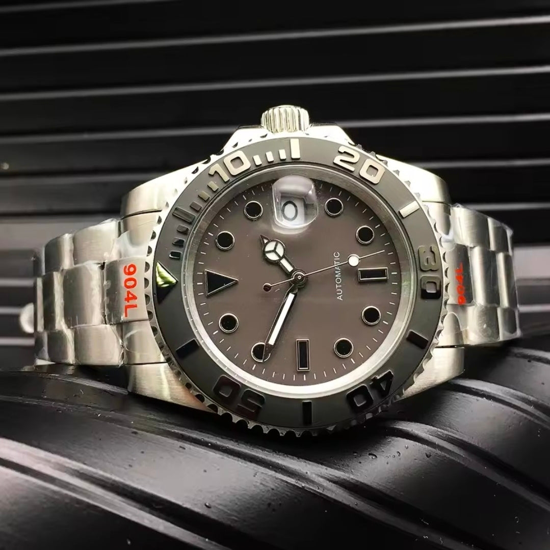 40mm No Logo Automatic Men's Watch - Japanese Movement, Sapphire Crystal, 904L Stainless Steel Bracelet, Ceramic Matte Bezel, Mechanical Calendar Sport Watch