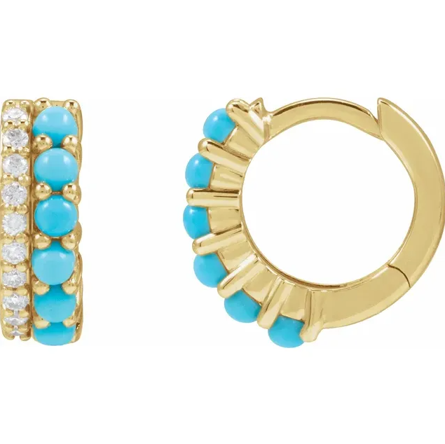 14K Yellow Gold Natural Turquoise & 1/8 CTW Natural Diamond Huggie Hoop Earrings. STU