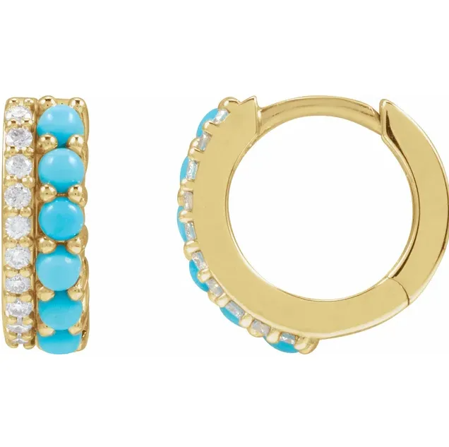 14K Yellow Gold Natural Turquoise & 1/8 CTW Natural Diamond Huggie Hoop Earrings. STU