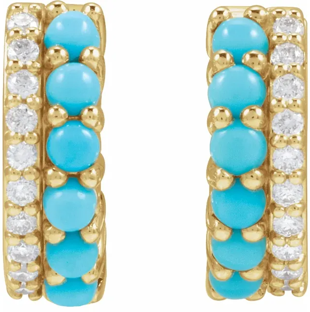 14K Yellow Gold Natural Turquoise & 1/8 CTW Natural Diamond Huggie Hoop Earrings. STU