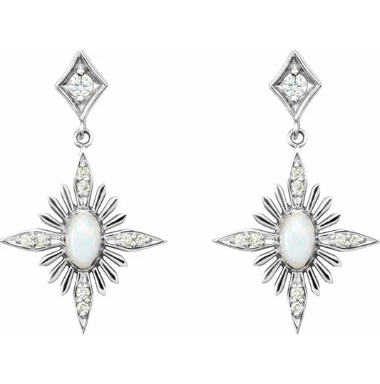 14K White Gold Natural White Opal & 1/6 CTW Natural Diamond Star Earrings STU