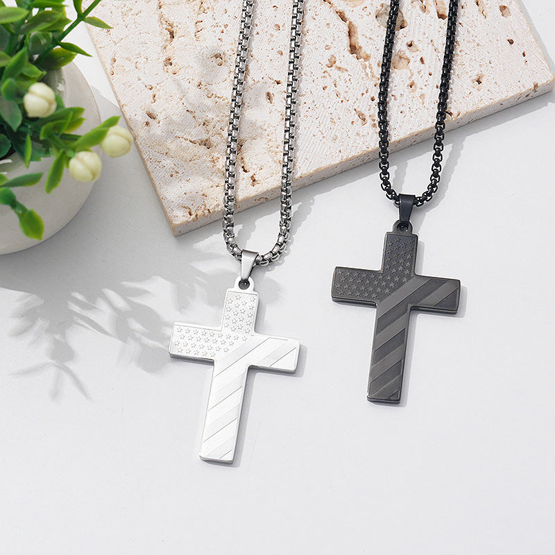 American Flag Cross Necklace Pendant Men's Stainless Steel Necklace