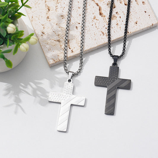 American Flag Cross Necklace Pendant Men's Stainless Steel Necklace