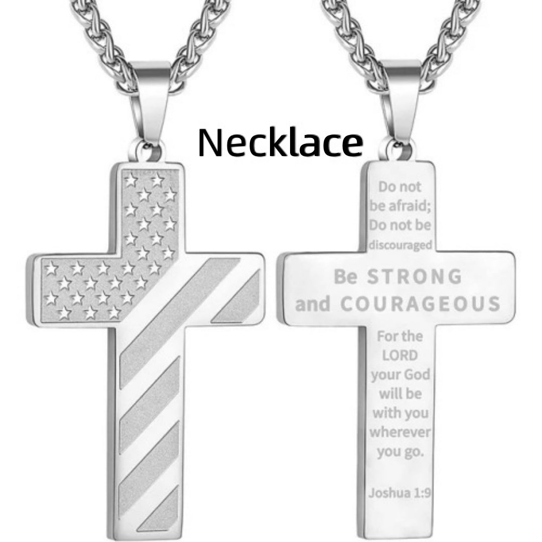 American Flag Cross Necklace Pendant Men's Stainless Steel Necklace