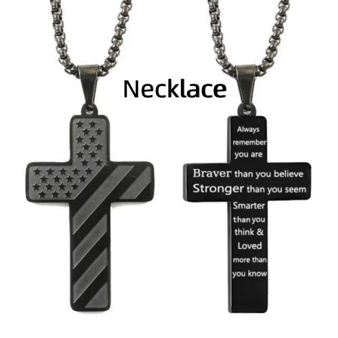 American Flag Cross Necklace Pendant Men's Stainless Steel Necklace