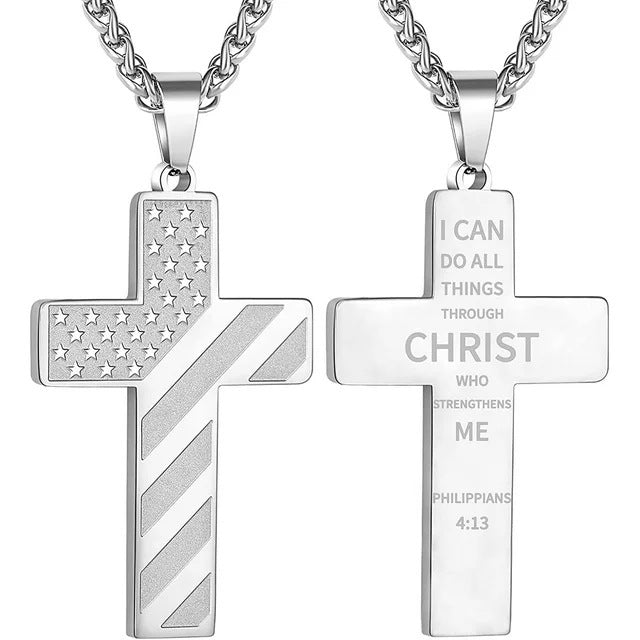 American Flag Cross Necklace Pendant Men's Stainless Steel Necklace