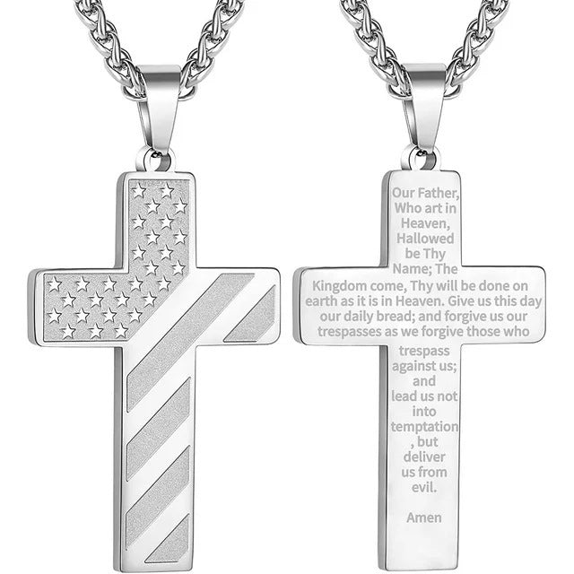 American Flag Cross Necklace Pendant Men's Stainless Steel Necklace