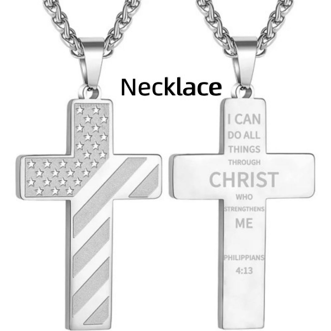 American Flag Cross Necklace Pendant Men's Stainless Steel Necklace