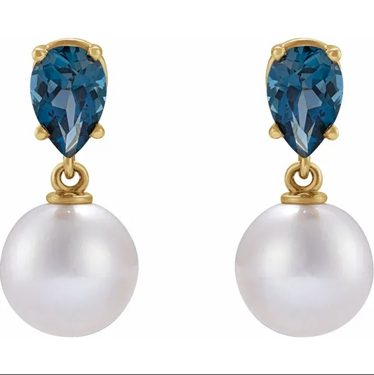 14K Yellow Cultured White Akoya Pearl & Natural London Blue Topaz Earrings STU