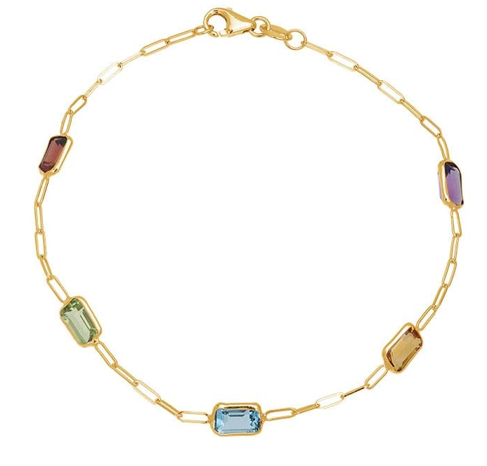 14K Yellow Gold 1.5mm Oval Cable Bracelet with Baguette Gemstones Rio