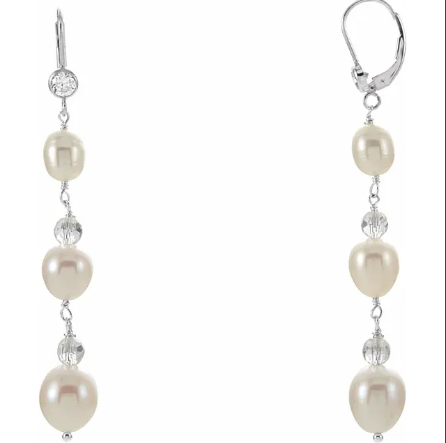 Sterling Silver Cultured White Freshwater Pearl & Imitation Cubic Zirconia Earrings. STU