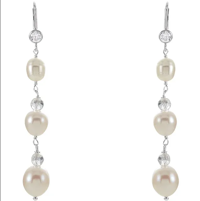 Sterling Silver Cultured White Freshwater Pearl & Imitation Cubic Zirconia Earrings. STU