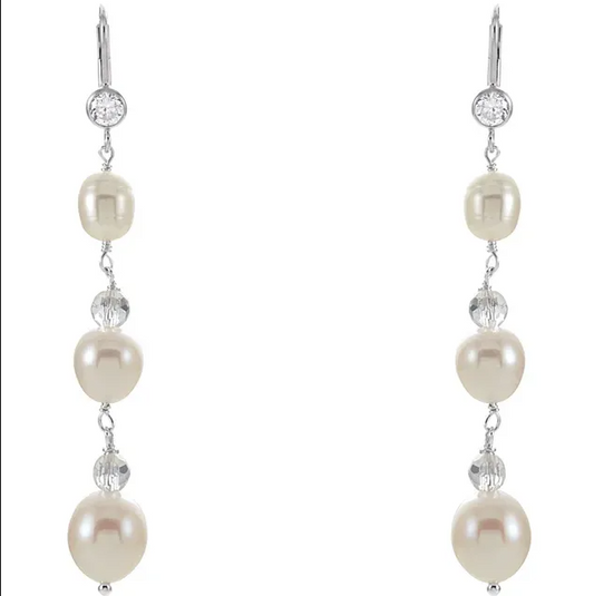 Sterling Silver Cultured White Freshwater Pearl & Imitation Cubic Zirconia Earrings. STU
