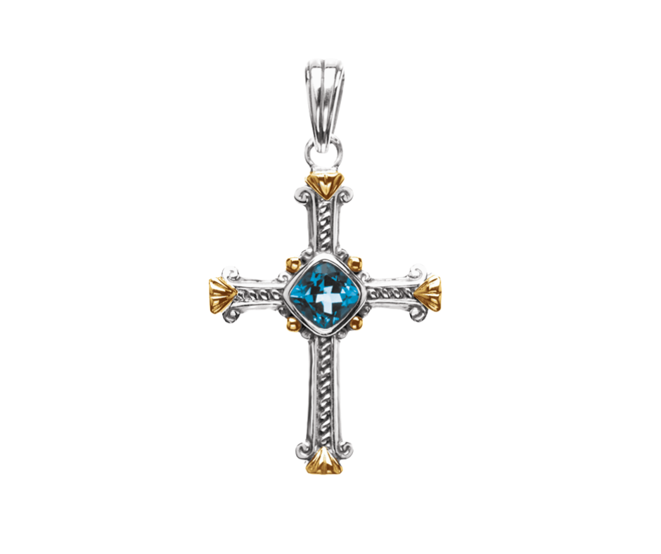 Sterling Silver & 14K Yellow Gold Natural Swiss Blue Topaz Cross Pendant. STU