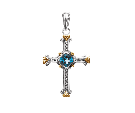 Sterling Silver & 14K Yellow Gold Natural Swiss Blue Topaz Cross Pendant. STU