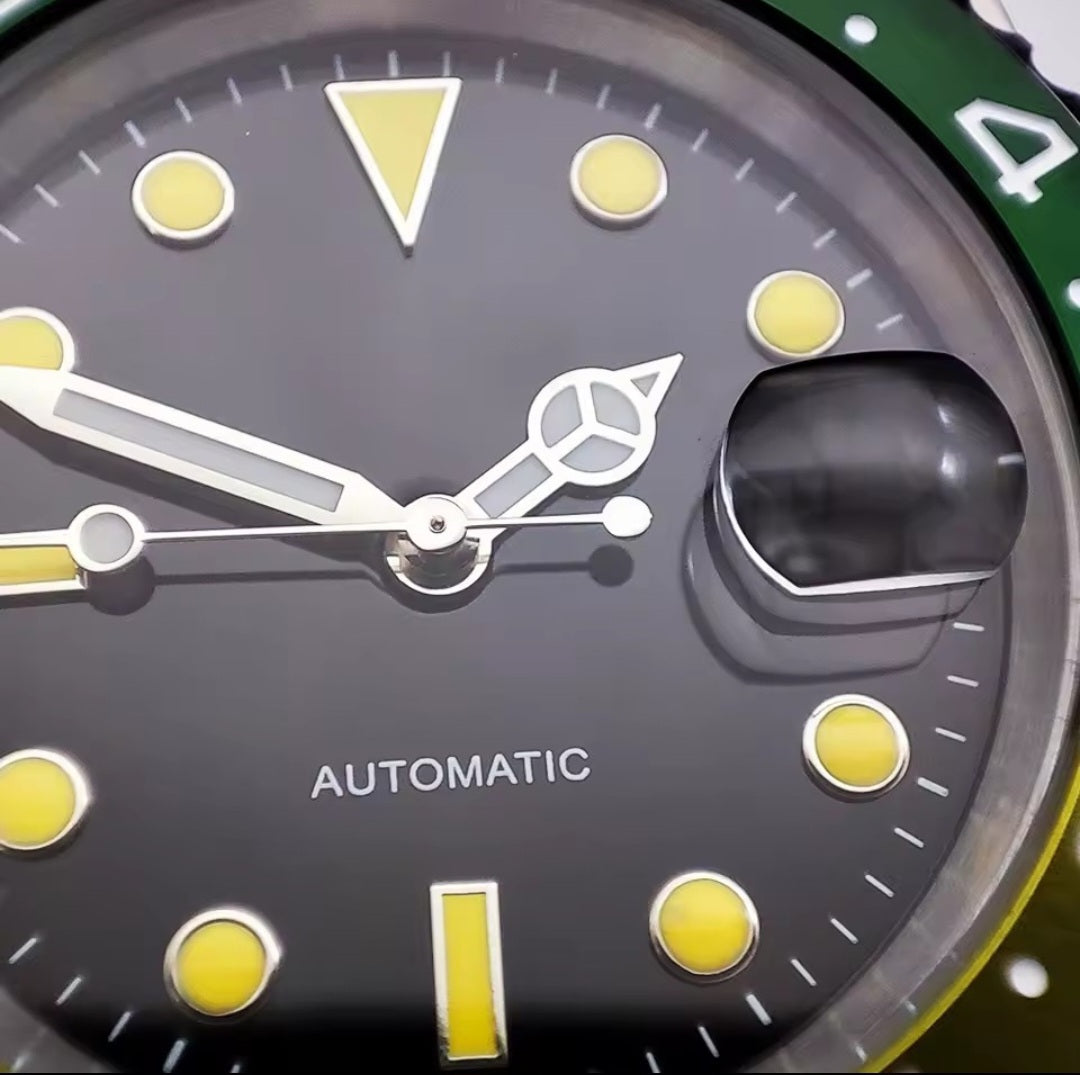 Automatic Movement 8215 , Stainless Steel Watch , Green and Yellow , Silver Strap