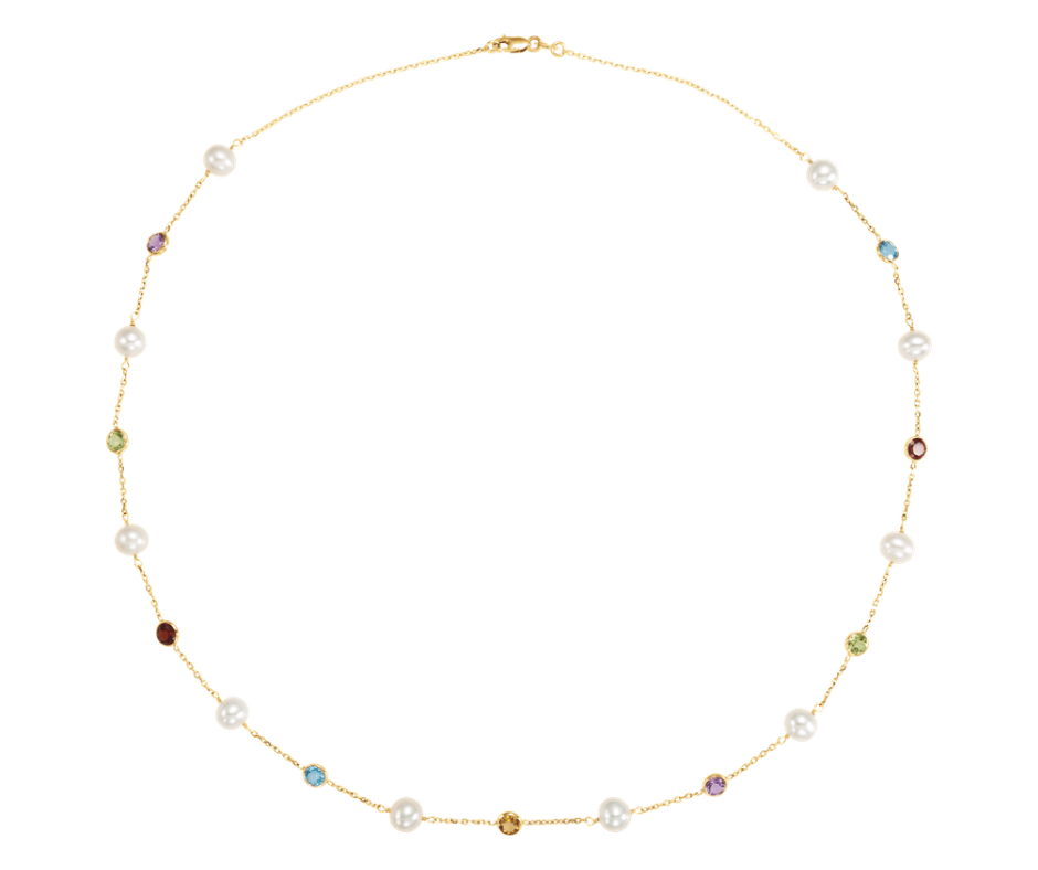 14K Yellow Gold Cultured White Freshwater Pearl & Multi-Gemstone 10-Station 18" Necklace. STU