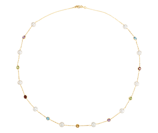 14K Yellow Gold Cultured White Freshwater Pearl & Multi-Gemstone 10-Station 18" Necklace. STU