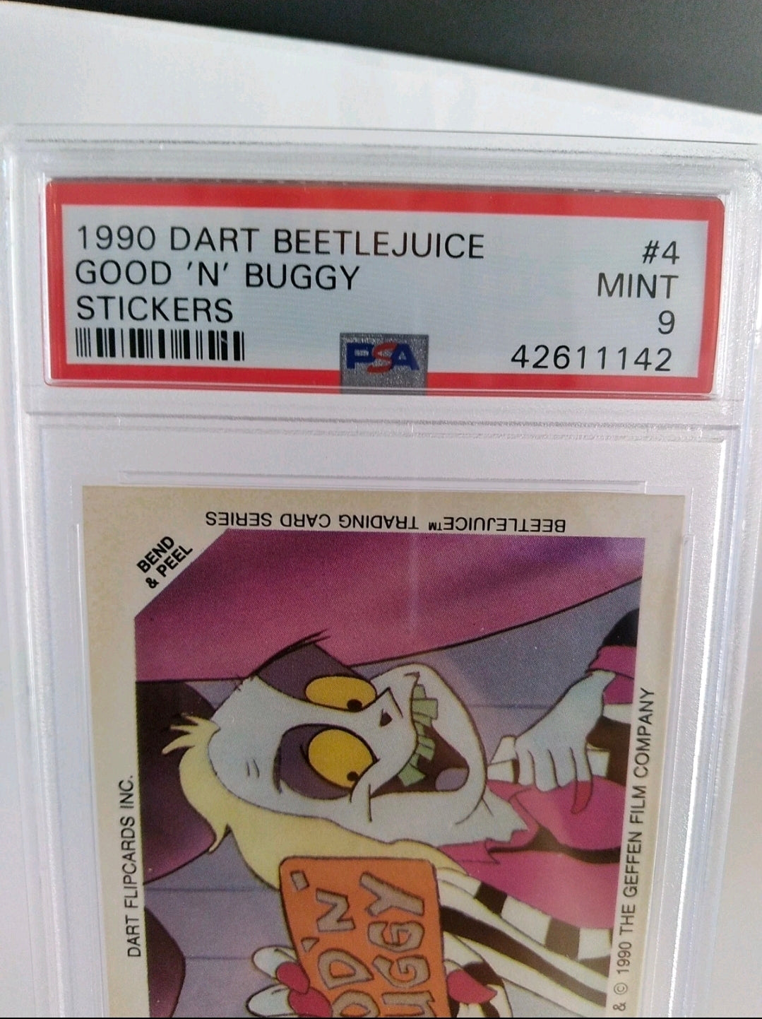 Beetlejuice Dart Flipcards 1990 Beetlejuice Good 'N' Buggy Stickers #4 PSA 9 Cert
