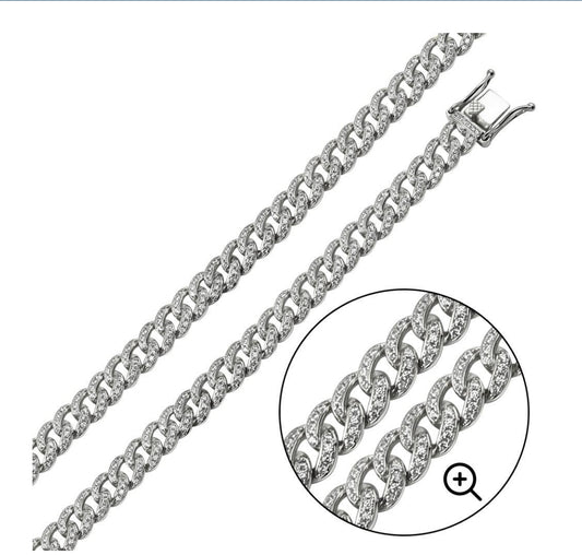 30" Rhodium Plated 925 Sterling Silver CZ Encrusted Curb Chain sp
