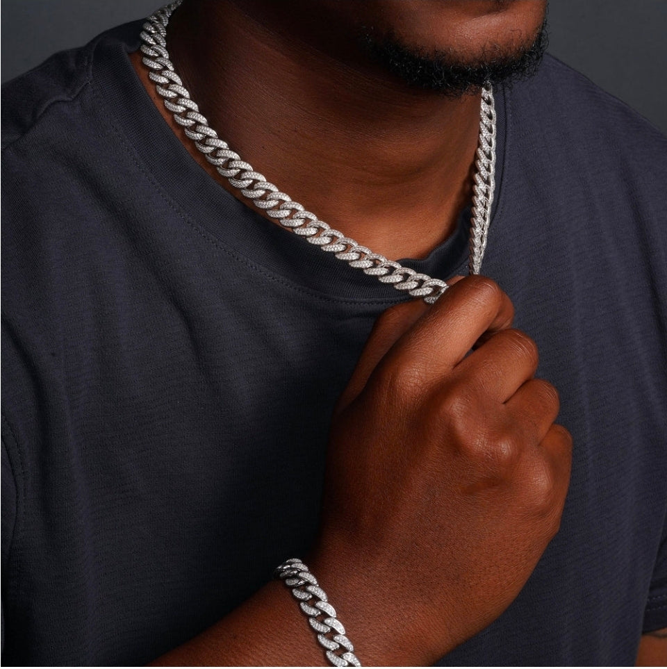 Rhodium Plated 925 Sterling Silver CZ Encrusted Curb Chain 11.7mm sp