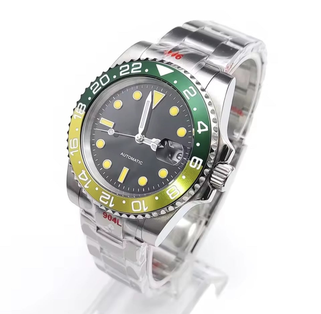 Automatic Movement 8215 , Stainless Steel Watch , Green and Yellow , Silver Strap