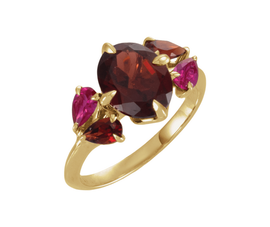 14K Yellow Gold Natural Mozambique Garnet & Lab-Grown Ruby Ring. STU