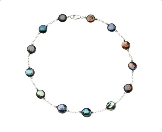 Sterling Silver 12-13 mm Cultured Black Freshwater Pearl Coin 18" Necklace  stu