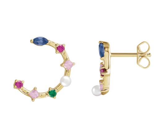 14K Yellow Gold Cultured White Freshwater Pearl & Natural Multi-Gemstone Earrings. STU