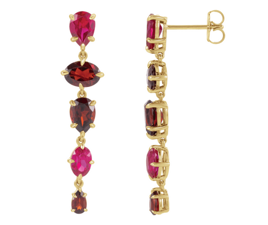 14K Yellow Gold Lab-grown Ruby & Natural Mozambique Garnet Dangle Earrings. STU