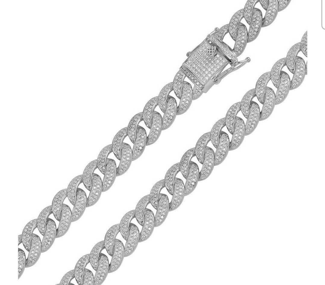 Rhodium Plated 925 Sterling Silver CZ Encrusted Curb Chain 11.7mm sp