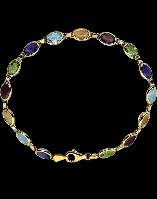 14K Yellow Gold Multi-Gemstone Line Bracelet Oval Stones 7" Lobster Clasp.  STU