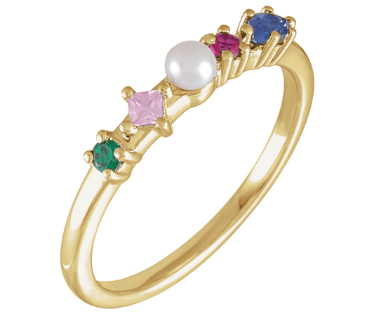 14K Yellow Gold Cultured White Freshwater Pearl & Natural Multi-Gemstone Ring. STU