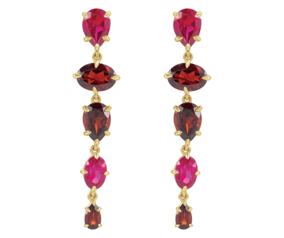 14K Yellow Gold Lab-grown Ruby & Natural Mozambique Garnet Dangle Earrings. STU