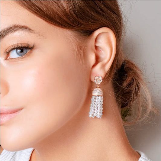 Silver 925 Gold Plated Flower with Hanging CZ Dome and Synthetic Pearl Strands Earrings sp