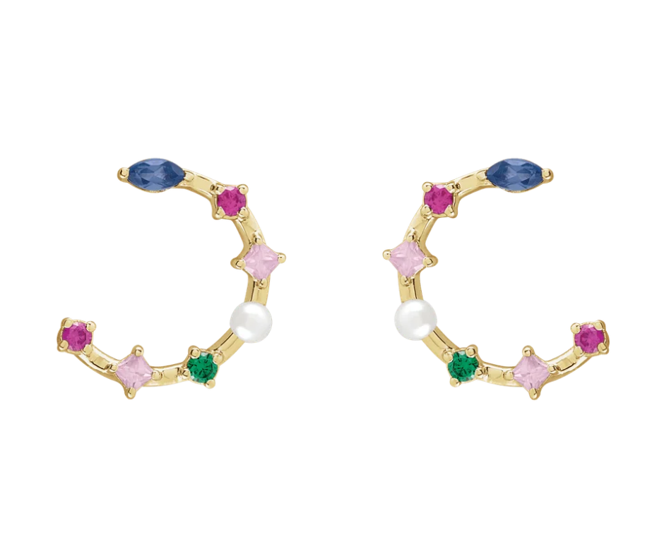 14K Yellow Gold Cultured White Freshwater Pearl & Natural Multi-Gemstone Earrings. STU