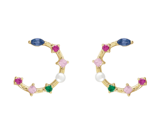 14K Yellow Gold Cultured White Freshwater Pearl & Natural Multi-Gemstone Earrings. STU