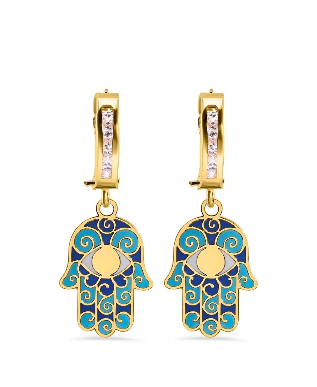 14 Karat Yellow Gold 11.7mm Hoop Studded Clear CZ Enamel Hamsa Latch Box Earrings sp
