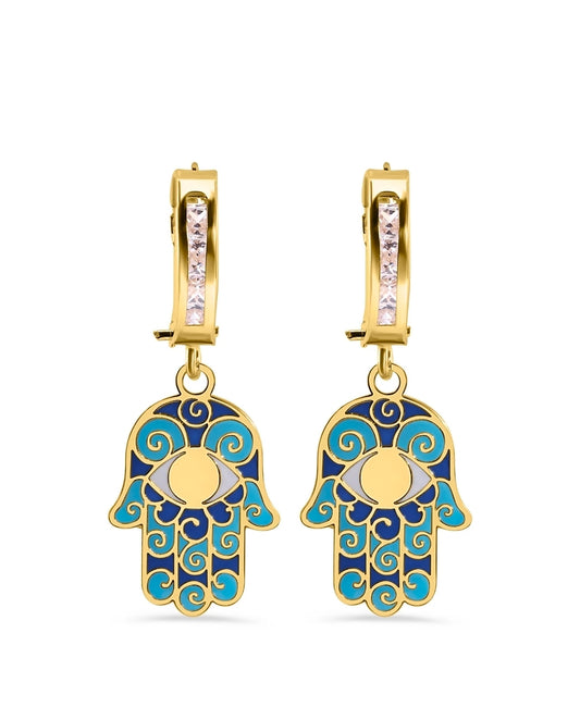 14 Karat Yellow Gold 11.7mm Hoop Studded Clear CZ Enamel Hamsa Latch Box Earrings sp