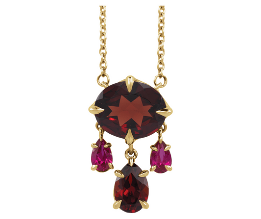14K Yellow Gold Natural Mozambique Garnet & Lab-Grown Ruby Dangle 18" Necklace. STU