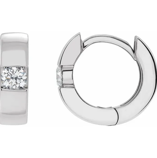 14K White Gold 1/4 CTW Natural Diamond 12 mm Hinged Huggie Hoop Earrings. STU