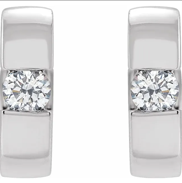 14K White Gold 1/4 CTW Natural Diamond 12 mm Hinged Huggie Hoop Earrings. STU