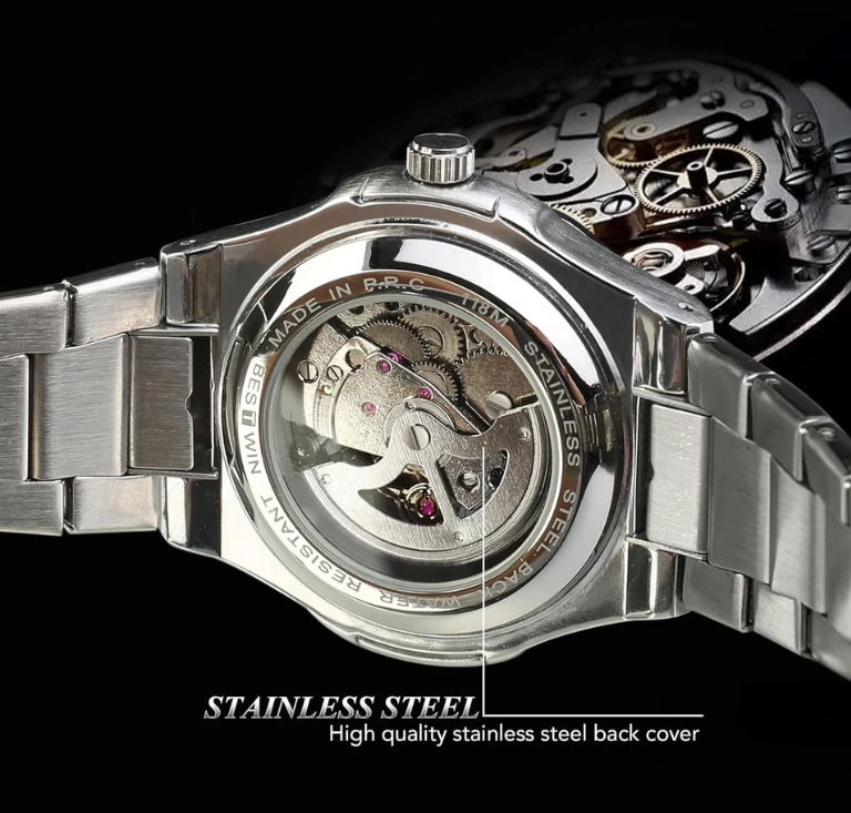 Goldz.vip Stainless Steel Skeleton Watch for Men, Automatic Mechanical Watch