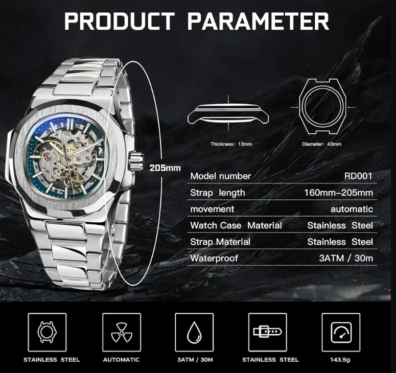 Goldz.vip Stainless Steel Skeleton Watch for Men, Automatic Mechanical Watch