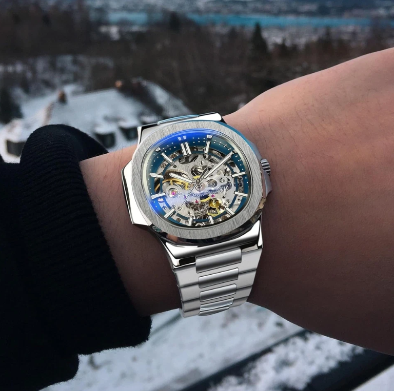 Goldz.vip Stainless Steel Skeleton Watch for Men, Automatic Mechanical Watch