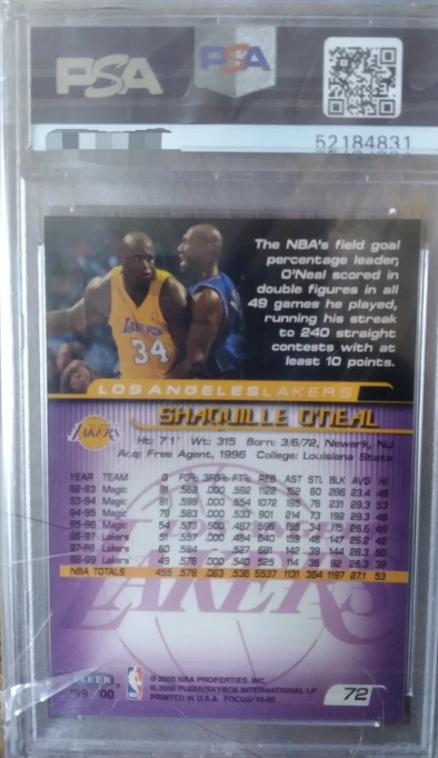 SHAQ 1999 PSA 10 FLEER FOCUS #72 SHAQUILLE ONEAL GRADED PERFECT MINT GEM