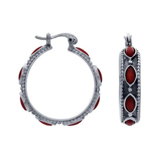 Sterling Silver Bamboo Coral-Set Hoop Earrings Rio